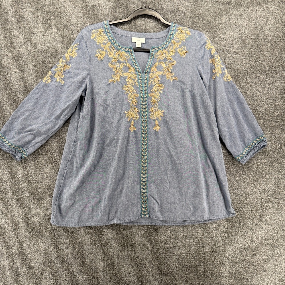 J Jill Top Womens XS Blue Beaded Embroidered Tunic Boho Cottagecore Coastal